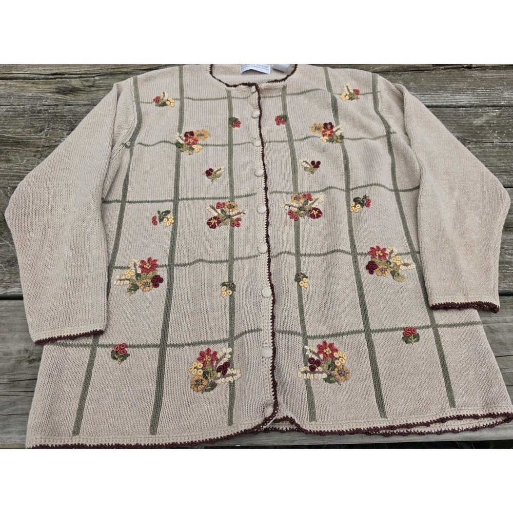 Carolyn Taylor Women's Floral Embroidered Cardigan Sweater Beige Cottagecore 3XL